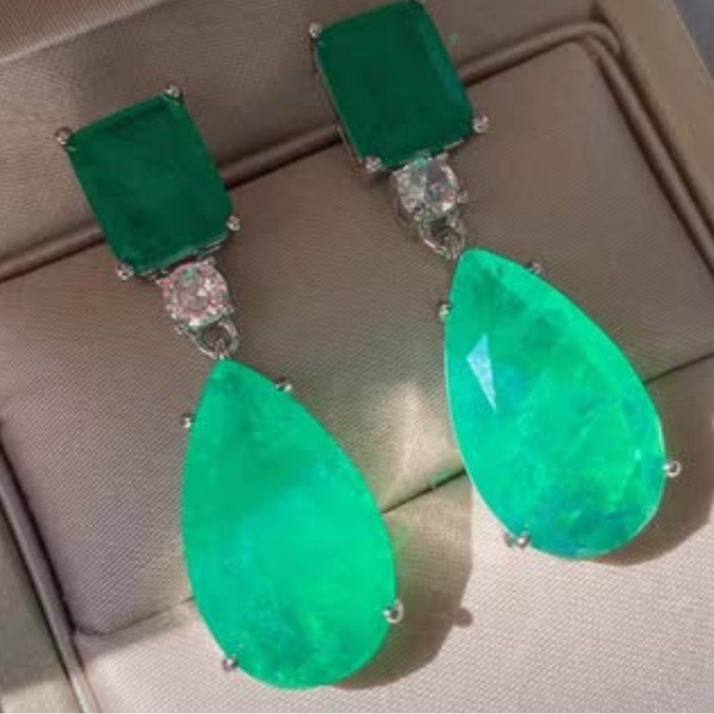 22k white gold plated with 925 Silver green drop earrings with Tourmaline Stone.